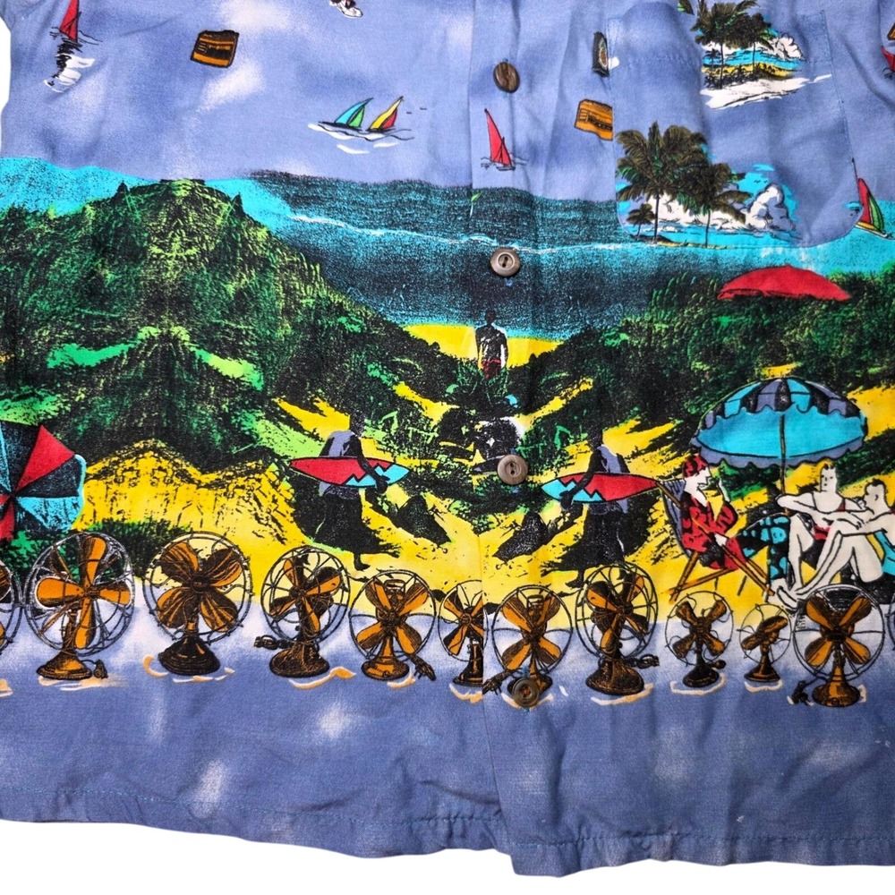 Pineapple Connection Hawaiian Shirt Mens Small Blue Rayon Beach Scene Vintage - Picture 3 of 7